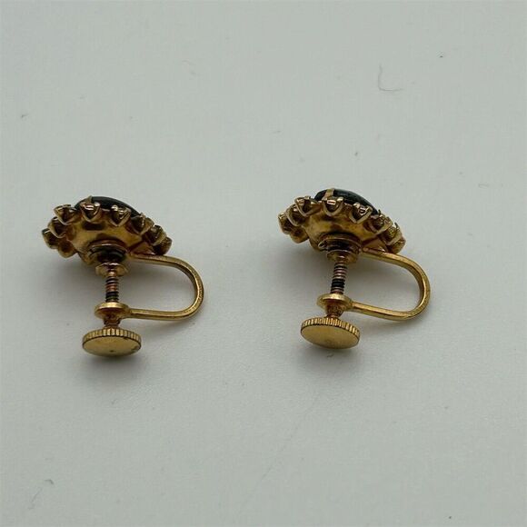 Vintage 1950s Green Heart Earrings Pink Rose Center Screw Back Retro Gold Tone - Picture 8 of 11